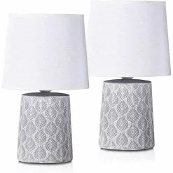 Schreibtischlampe BRUBAKER Grau, Leinenschrim, Steingut-Standfuß, 2 Stück