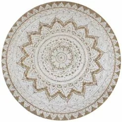 VidaXL Teppich Jute Rund Geflochten, Ø 150cm, Florhöhe 6mm, Braun/weiß