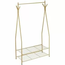 Relaxdays Garderobenständer Sandra, 10020565, Mit 2 Ablagen & 4 Haken, Metall, Hellbraun