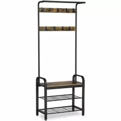 Vasagle Garderobenständer HSR40B, Vintage, Mit 9 Haken, Metall / Holz, Schwarz / Braun