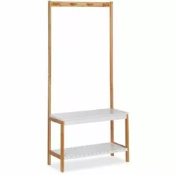 Relaxdays Garderobenständer 10024984, Mit 2 Ablagen & 4 Haken, Bambus, Natur / Weiß