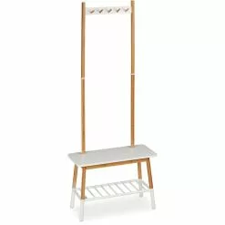 Relaxdays Garderobenständer 10027500, Mit Ablage & 5 Haken, Bambus, Natur / Weiß